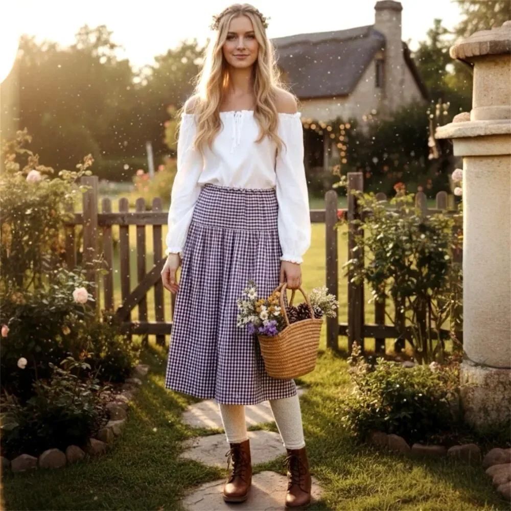 VTG Purple Gingham Tiered Midi Skirt Small Cottagecore Coastal Grandma Peasant